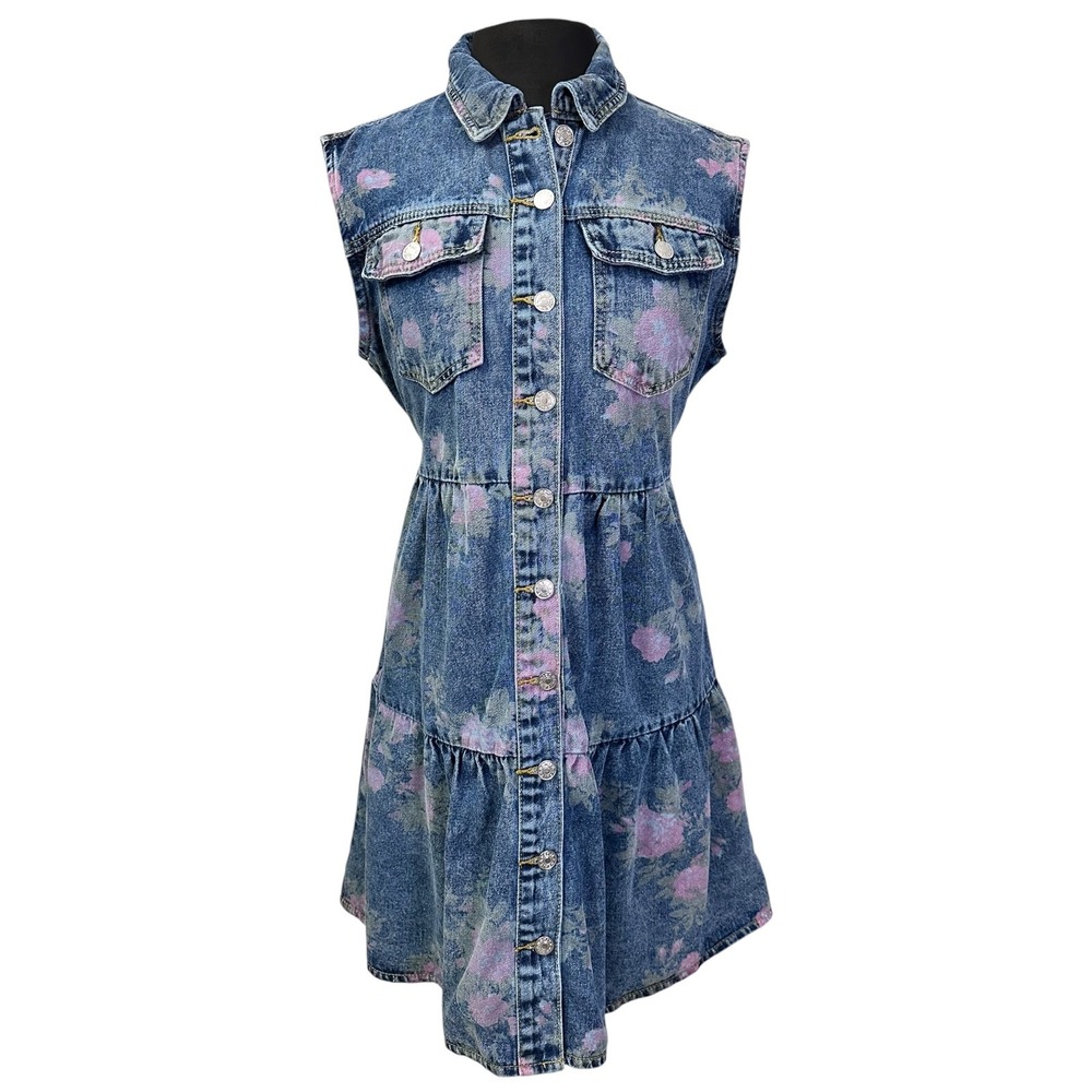 Floral Denim Mini Dress Womens Large Blue Pink Button Front Sleeveless Tiered